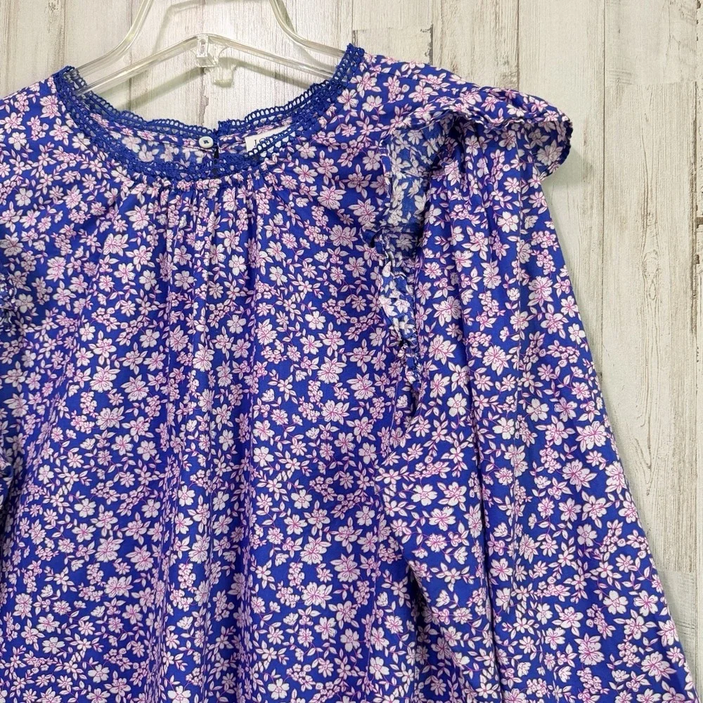 J Crew Floral Ruffle Shoulder Popover Blouse XL Blue Pink Floral Boho Summer